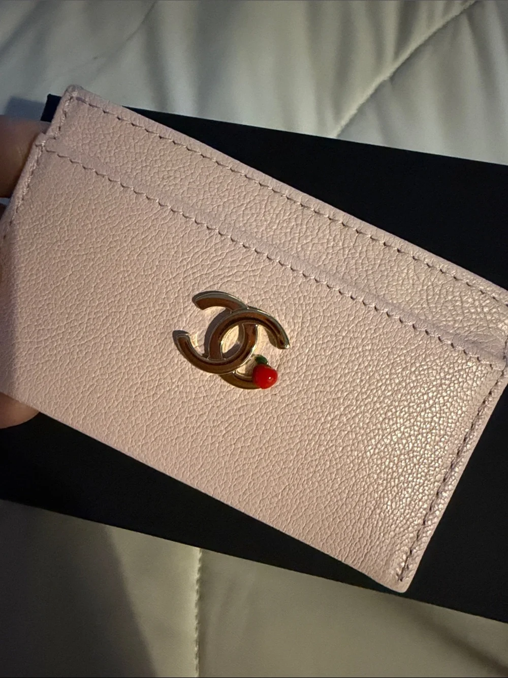100% Authentic CHANEL Pink Card Holder with Gold CC Emblem and Apple